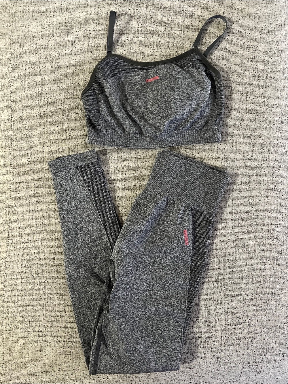 Gymshark Gray Seamless Leggings and Sports Bra Set with Pink Logo